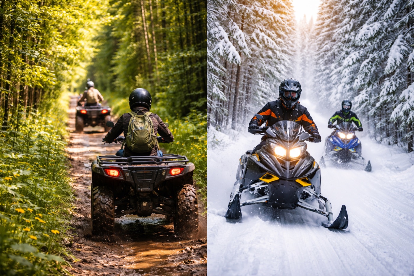 ATV riding forest trails in summer and snowmobile on winter trails in Northern Ontario