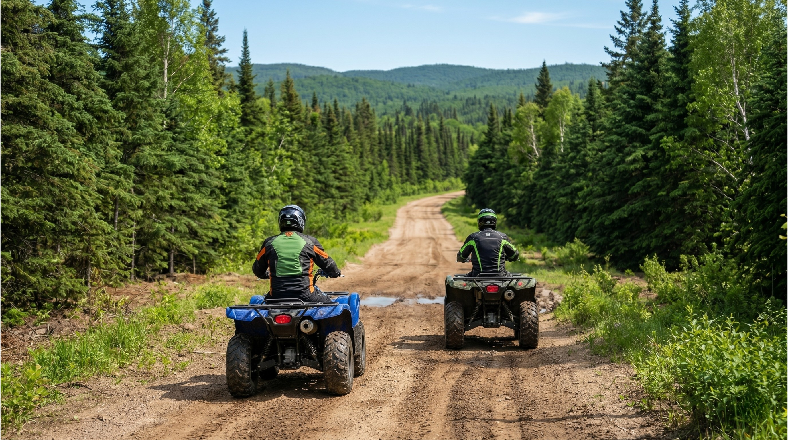 Two ATV riders on a scenic dirt forest trail in summer, Northern Ontario backcountry near Lake Nipissing