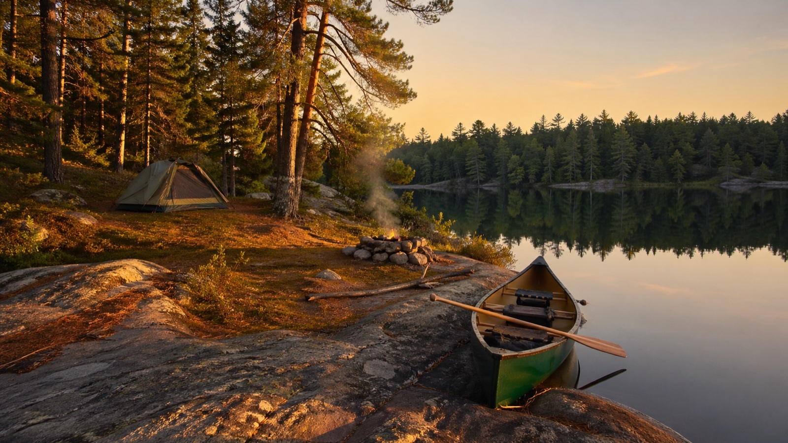 Backcountry campsite on a remote granite shoreline with a canoe pulled up at the water's edge, Northern Ontario crown land