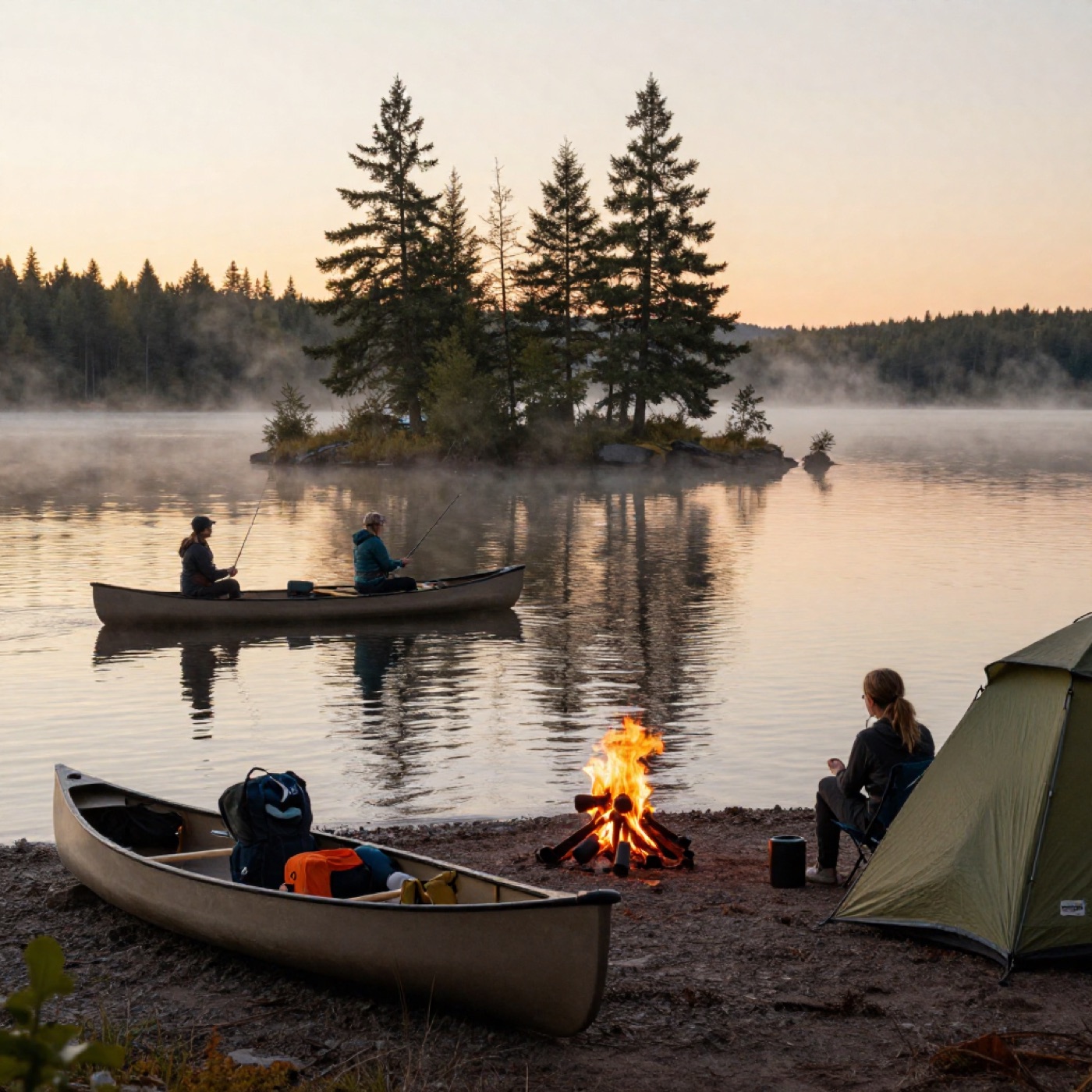 Lakeside campsite at dusk with canoe, tent, and campfire