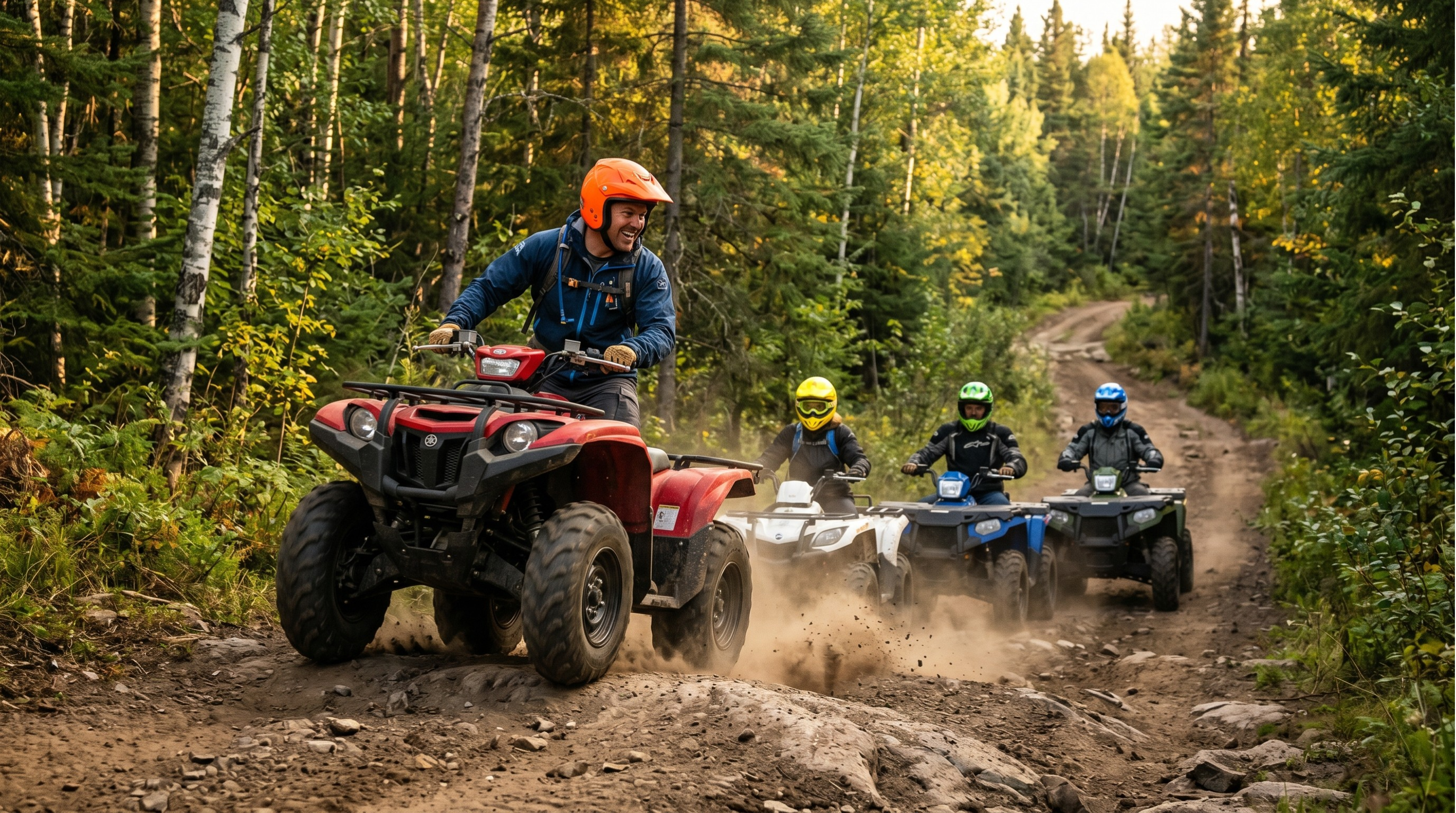 Guide leading a group of ATV riders on a Northern Ontario forest trail