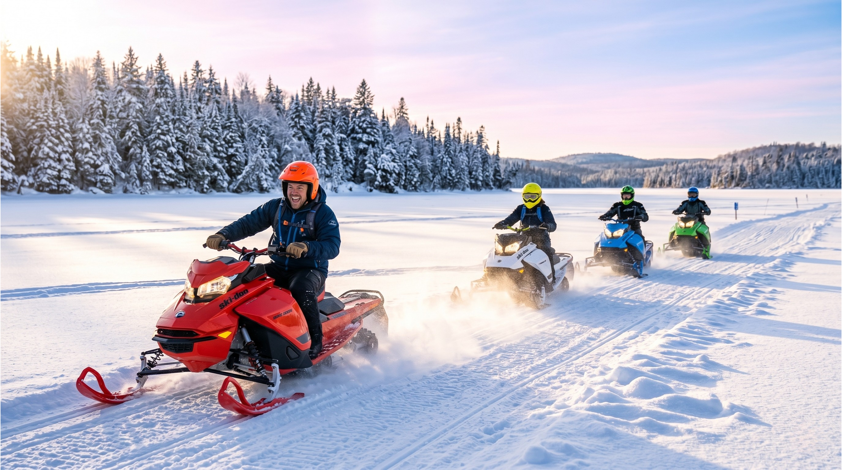 Guide leading a group of four snowmobilers across a frozen Northern Ontario lake at sunrise