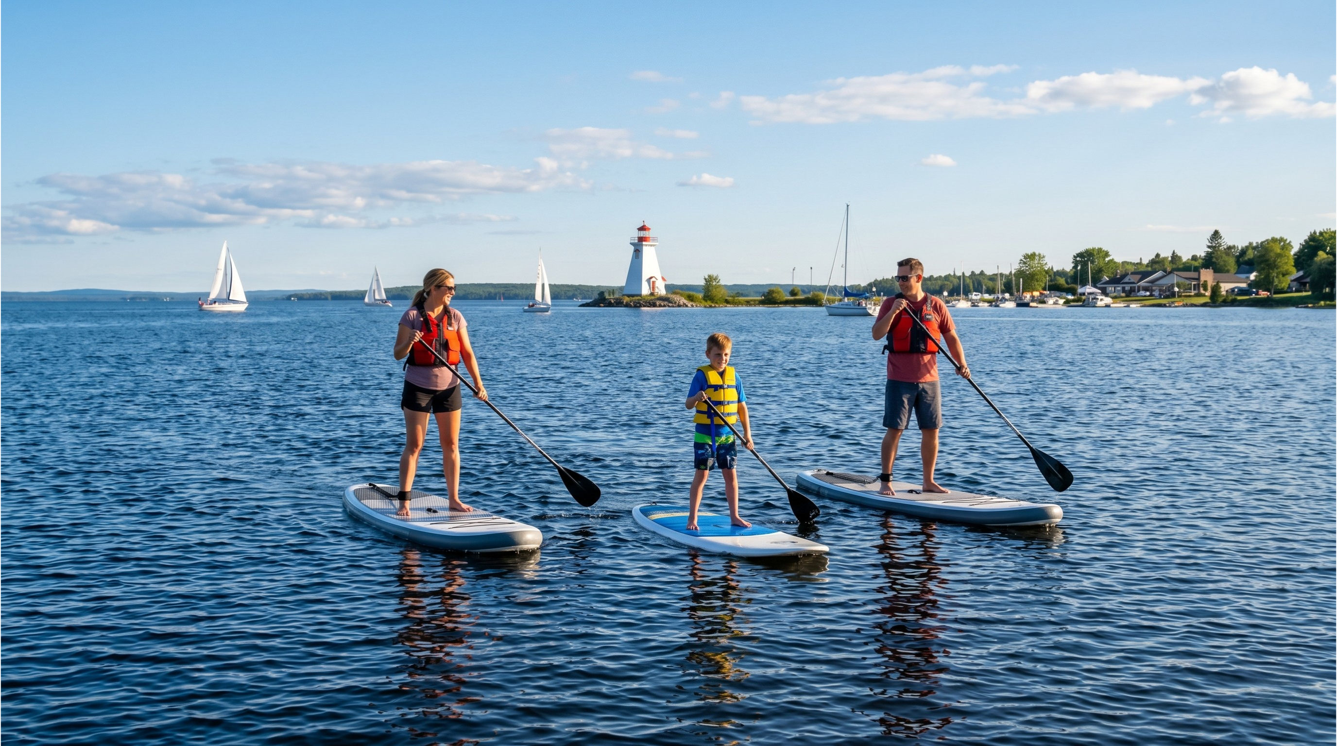 Family paddleboarding in Callander Bay with the lighthouse and sailboats in the background on Lake Nipissing