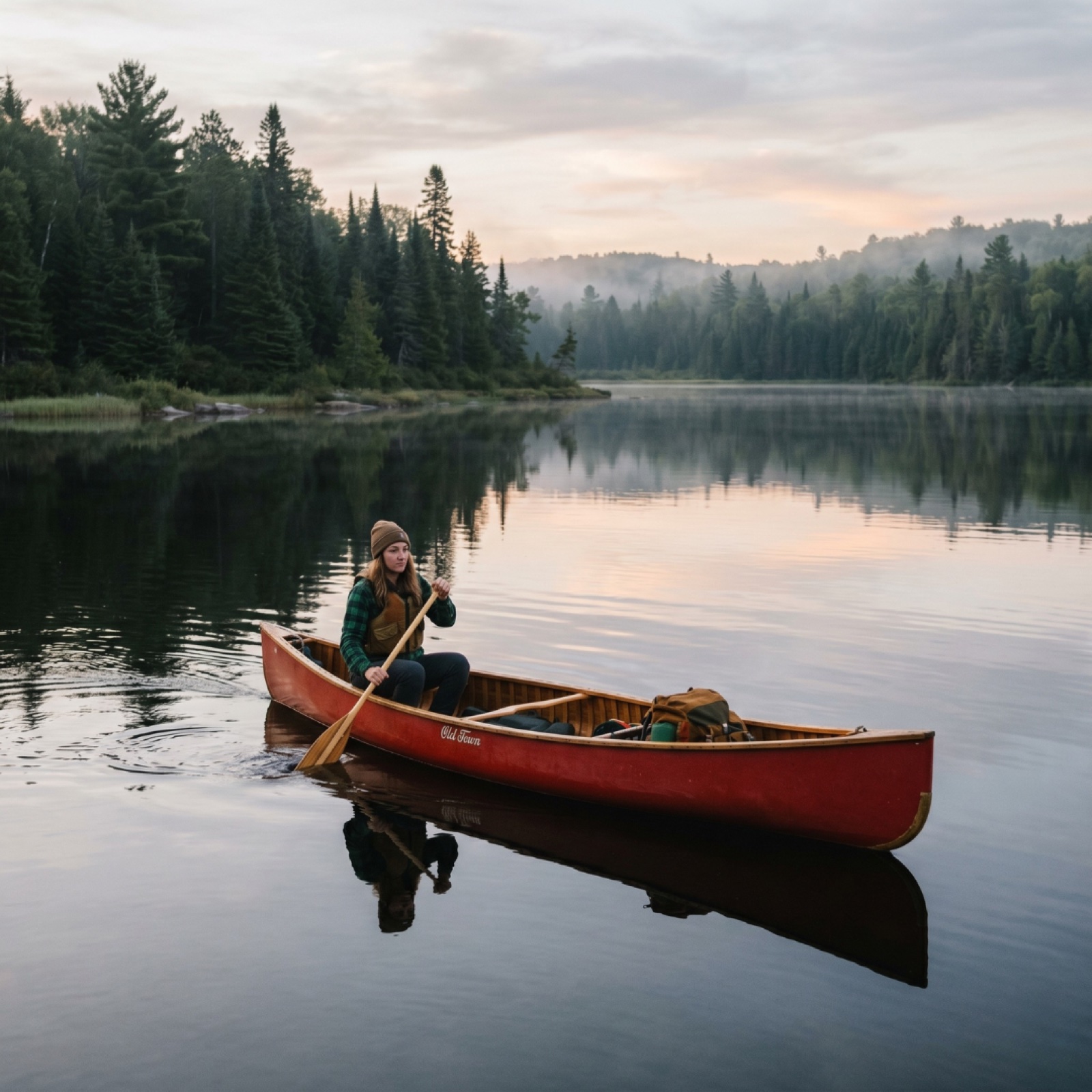 Couple stand-up paddleboarding past a sheltered island in Hunters Bay on Lake Nipissing on a sunny summer day