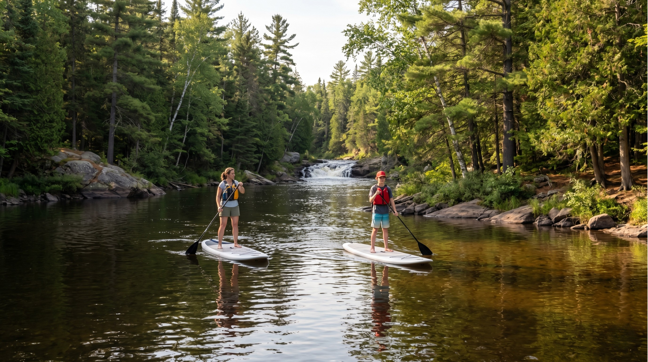 Mother and teen paddleboarding on the calm South River with Chapman's Chute waterfall in the background, Northern Ontario