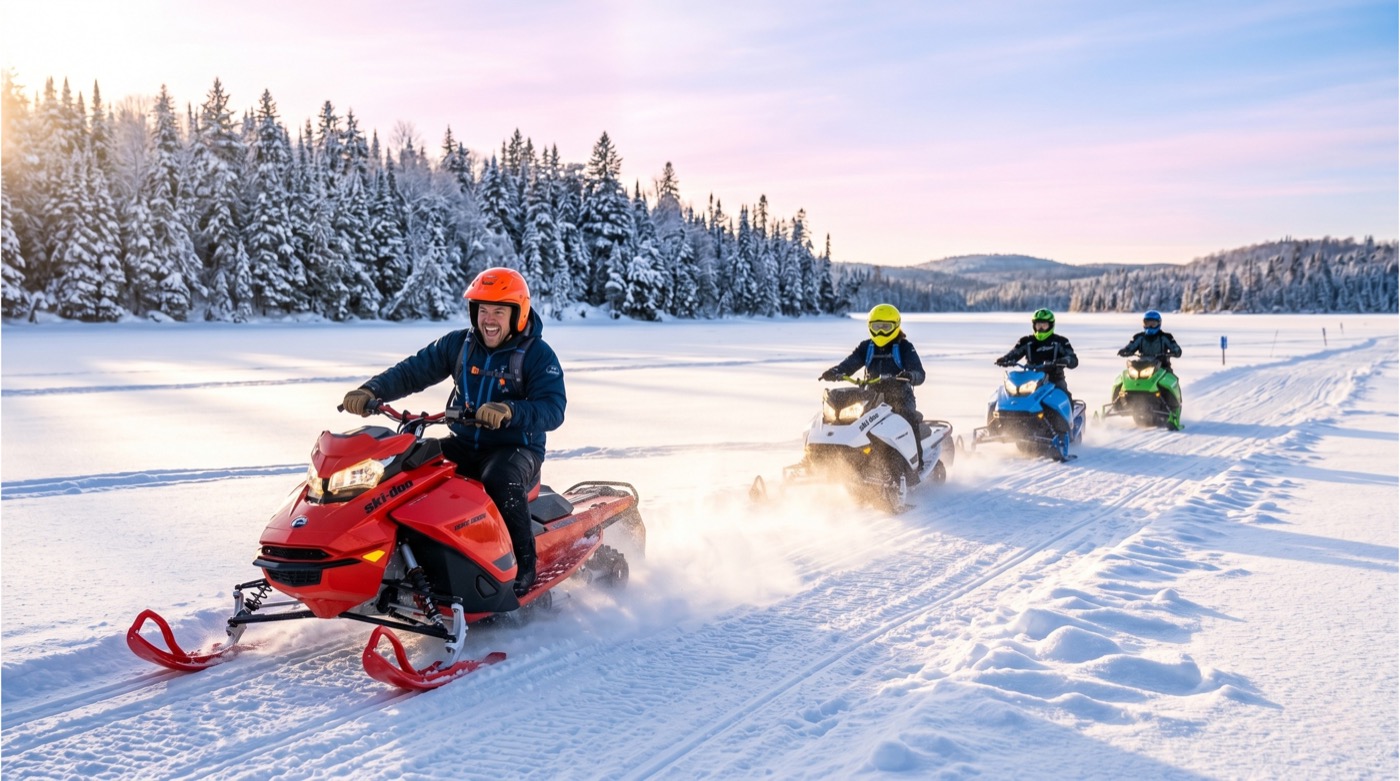Snowmobile rider on a winter trail near Lake Nipissing