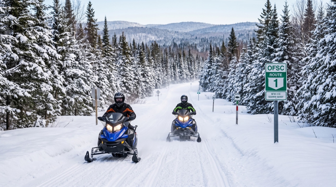 Two snowmobiles on a groomed OFSC trail through snow-covered Northern Ontario forest